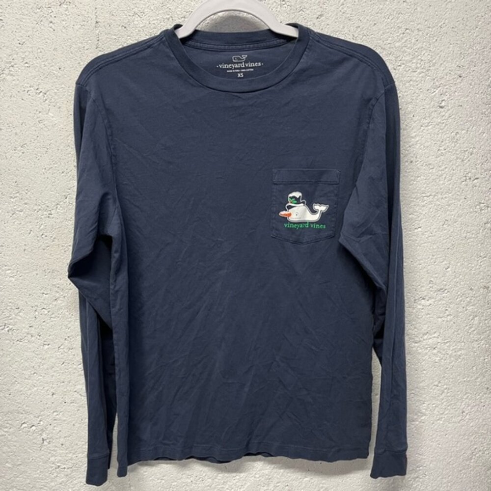 Vineyard Vines XS T Shirt Holidays Christmas Snowman Blue Long Sleeve